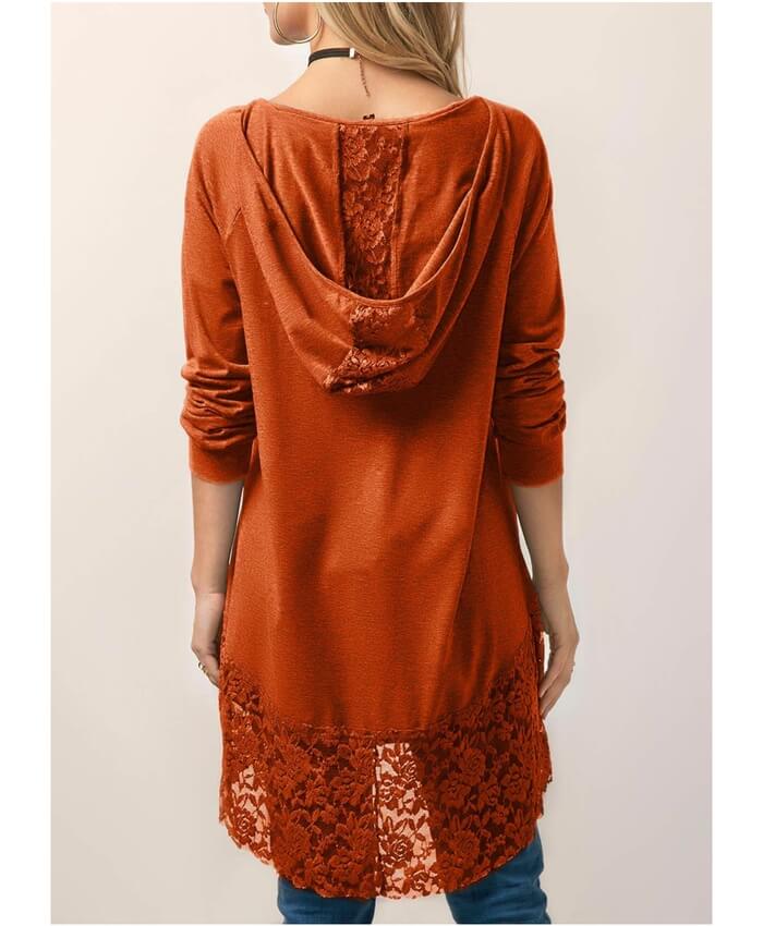 Hooded Collar Lace Panel Orange Blouse